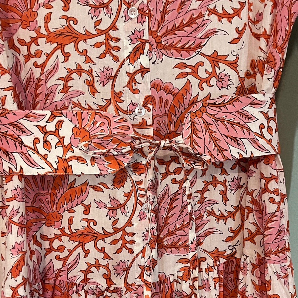 Floral Coral and White Maxi Shirt Dress with Waist Tie - Picture 4 of 4